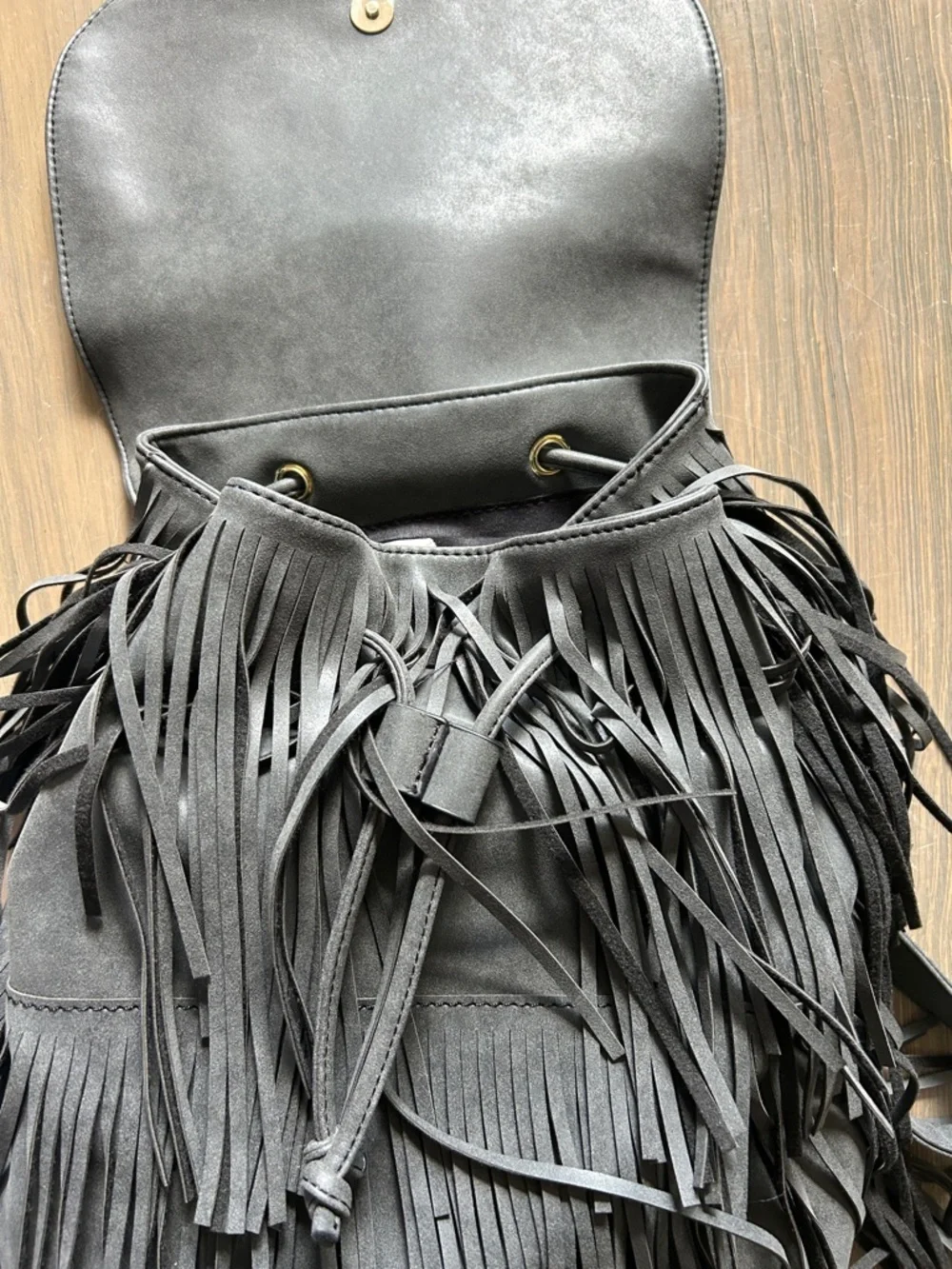 NWT Expressions NYC Grey Fringe Backpack with Drawstring/Button Flap